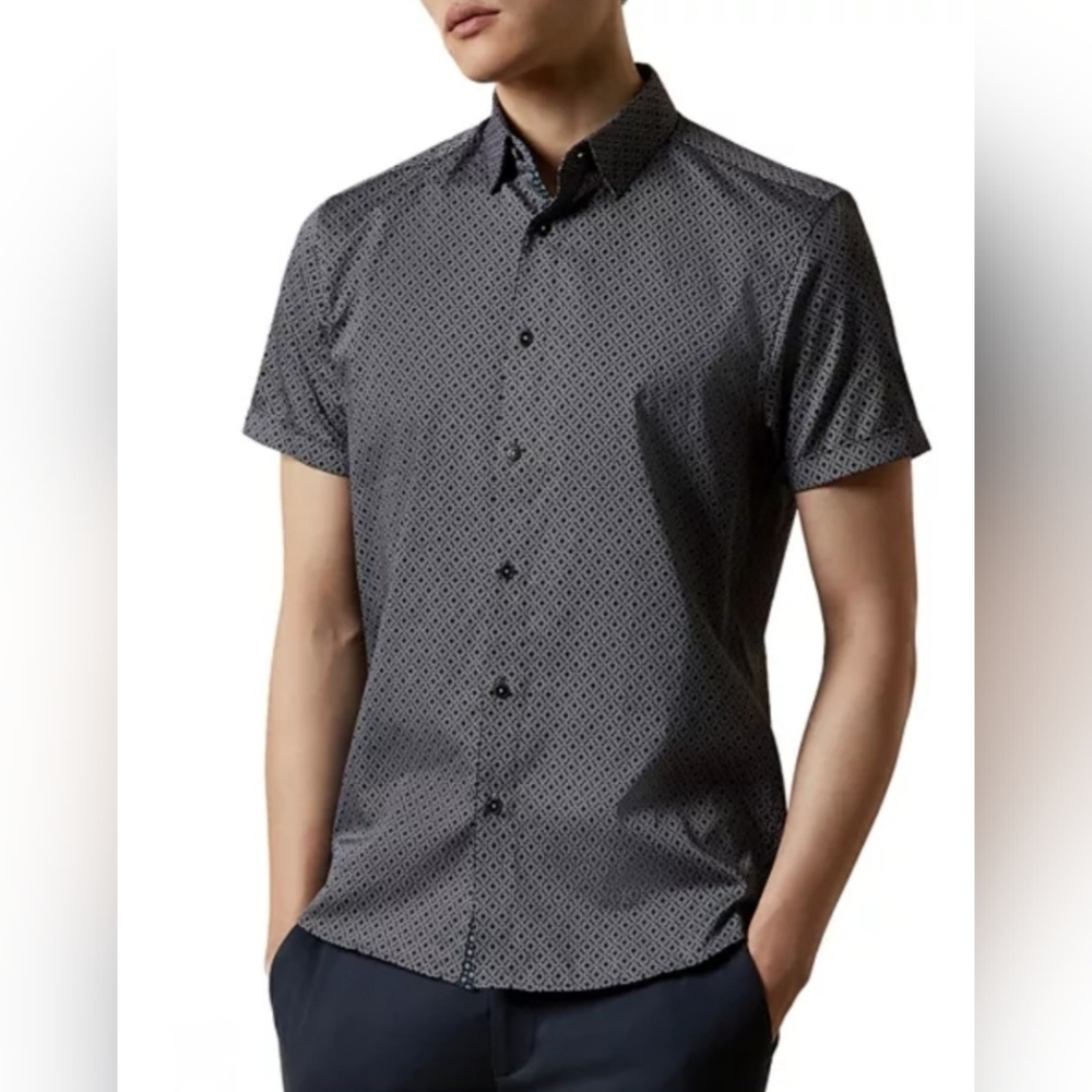 Ted Baker Mens Slim Fit Geo Print Short Sleeve Shirt Large Casual